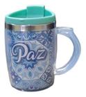 Caneca Térmica de Viagem Azul 350ml Com Tampa - Design 'Paz'/'Fé' - Ideal para Bebidas Quentes e Geladas - unika