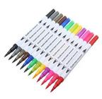 Caneta Brush Pen Duas Pontas Dual Tip Kit 12 Cores Fineliner