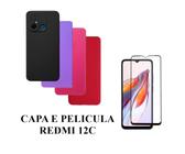 Capa De Silicone Aveludado Colorida E Pelicula 3D 9D Compativel Redmi 12c Proteção Celular Capinha Case