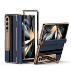 Capa de telefone Karendon Luxury Premier em couro genuíno para Samsung Galaxy Z Fold 4 com proteção de dobradiça de corpo inteiro, protetor de tela embutido e suporte azul