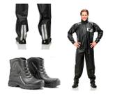 Capa Roupa Chuva + Bota Borracha Pantaneiro Vestuário Jaqueta Calça Pvc Preta Moto Motoqueiro