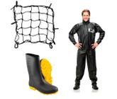 Capa Roupa Chuva + Bota Solado Amarelo + Rede Aranha Elástico Vestuário Jaqueta Calça Pantaneiro Pvc Preta Moto Motoqueiro