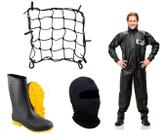 Capa Roupa Chuva + Bota Solado Amarelo + Touca Capuz Ninja + Rede Aranha Elástico Vestuário Jaqueta Calça Pantaneiro Pvc Preta Moto Motoqueiro