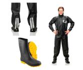 Capa Roupa Chuva + Bota Solado Amarelo Vestuário Jaqueta Calça Pantaneiro Pvc Preta Moto Motoqueiro