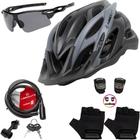 Capacete Ciclismo Bike + Cadeado Trava Bicicleta + Pisca + Óculos + Par De Luvas