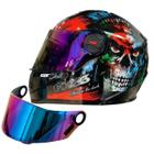 Capacete Fw3 Gt Skull Caveira Preto Brilha +Viseira Camaleão