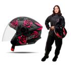 Capacete Moto Aberto Preto Flores Rosa New Liberty Three Flowers Fosco Diversos Tamanhos + Capa de Chuva PVC