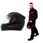 Capacete Moto Fechado Preto Brilhante Jett Evo Line Solid Viseira Transparente Diversos Tamanhos + Capa de Chuva PVC