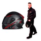 Capacete Moto Preto R8 Pro Tork Viseira Fume Diversos Tamanhos + Capa de Chuva Pioneira PVC com Gola