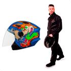 Capacete Moto Pro Tork Aberto New Liberty Coyote Azul Fosco Viseira Transparente Diversos Tamanhos + Capa de chuva PVC