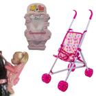 Carrinho Baby de Boneca Rosa + Bolsa Canguru Ajustável Rosa - DM Toys