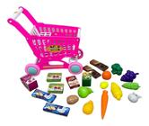 Carrinho De Compras Infantil de Brinquedo Super mercado Mercadinho Rosa Menina Com 21 Acessórios