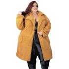 Casaco feminino teddy sherpa longo gola aberta e ziper bolsos laterais pelucia plus size GG a G4 bomber felpudo 48 ao 62