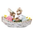 Casal de Coelhos Marrons com Barco e Flores Rosa e Verde para decoração 24x33 cm