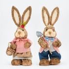 Casal De Coelhos Páscoa Decoração em Palha Coelhinhos de Roça 45cm