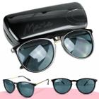 Case + Oculos Sol Feminino Redondo Protecao Uv Preto Acetato