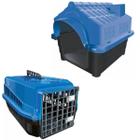Casinha Plástica N3 + Caixa Transporte Pet Cão Gato Azul