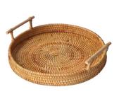 Cesta de armazenamento de frutas de tecido redondo Rattan Pão servindo prato de bandeja artesanal com alça de madeira Clássico Au10 20 Dropship Bandejas de armazenamento (M) - HTTN