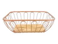 Cesta Fruteira Metal Rosê Gold Fundo Madeira Singapura 29Cm