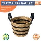 Cesta Organizadora Palha Multiuso em Fibra Natural 24x18 cm Preto Listrado com Alça