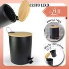 Cesto Lixo Lixeira Inox Preta Tampa Bambu Cozinha Banheiro 5 Litros