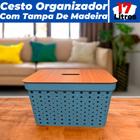 Cesto Organizador Ármario Gaveta Rattan 17L Com Tampa de Madeira - Ef Home