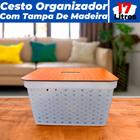 Cesto Organizador Ármario Gaveta Rattan 17L Com Tampa de Madeira - Ef Home