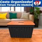 Cesto Organizador Ármario Gaveta Rattan 17L Com Tampa de Madeira - Ef Home