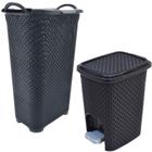 Cesto Para Roupas Roupeiro Organizador Rattan Com Tampa 50 Litros + Lixeira Com Pedal 7 Litros Preta