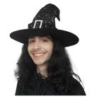 Chapéu de Bruxa Preto Veludo com Estrelas e Lua Halloween