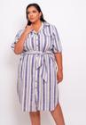 Chemise Plus Size Listrada em Linho com Faixa e Botões