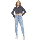 Cigarrete Jeans Bivik Cós Alto Com Puido Com Lycra Azul Jeans Claro