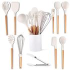 Cinco14 11-Pc. Utensílios de cozinha de silicone branco definir calor resistente silicone cozinhando utensílios beech madeira alças de madeira anti-stick suporte de conjunto de cozimento de silicone, espátula, pinças, whisk, escova, colher, bpa-free