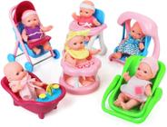 Clique em N' Play Set de 6 Mini 5" Baby Girl Dolls com acessórios, carrinho, cadeira alta, banheira, assento infantil, swing, walker