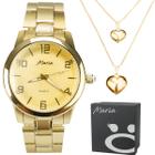 Colar duplo coração + relogio feminino dourado aço + caixa presente original social ouro