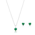 Colar E Brincos Coração Verde Esmeralda Prata 925