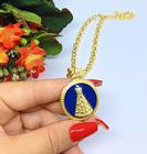 Colar Feminino Corrente Elo Português com Pingente Medalha Nossa senhora Aparecida Azul Folheado Ouro Gargantilha