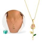 Colar Feminino Pingente Cravejado Pedra Zircônia Flor Rosa