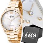 Colar + relogio feminino aço dourado + caixa + pulseira moda strass qualidade premium presente