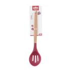 Colher Vazada De Silicone Vermelho Cabo Madeira 32 cm - Well - Wellmix