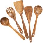 Colheres de madeira para cozinhar utensílios de madeira teak definir espátula de madeira para utensílios de cozinha antiaderente Conjunto 5