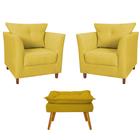 Combo 02 Poltronas Decorativa Isis Pés de Madeira Mais Puff Opalla Suede Amarelo - DS Estofados - Estopar