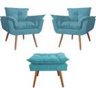 Combo 02 Poltronas decorativas mais um Puff Opalla Pés Palito Azul Turquesa - DS Estofados - Estopar