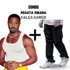 Combo 1 Calça Masculina Cargo Boca Larga Com Elástico + 1 Regata Masculina Canelada Ribana Estilo Americana