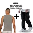 Combo 1 Calça Masculina Cargo Boca Larga Com Elástico + 1 Regata Masculina Canelada Ribana Estilo Americana