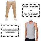 Combo 1 Calça Masculina Cargo Boca Larga Com Elástico + 1 Regata Masculina Canelada Ribana Estilo Americana