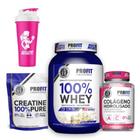 Combo 100% whey concentrado sabor leite ninho profit 900g + creatina 100% pura 250g + colágeno 150 cápsulas + coqueteleira