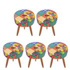 Combo 5 Puffs decorativos redondo pé palito-tecido patchwork