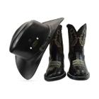 Combo Bota Country Texana Infantil Unissex em Couro Preto + Chapéu Preto Linha Indiana Kids Kapell