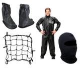 Combo Capa Roupa Chuva + Capuz Touca Ninja + Polaina Galocha + Rede Elástica Vestimenta Vestuário Jaqueta Calça Pantaneiro Pvc Preta Moto Motoqueiro